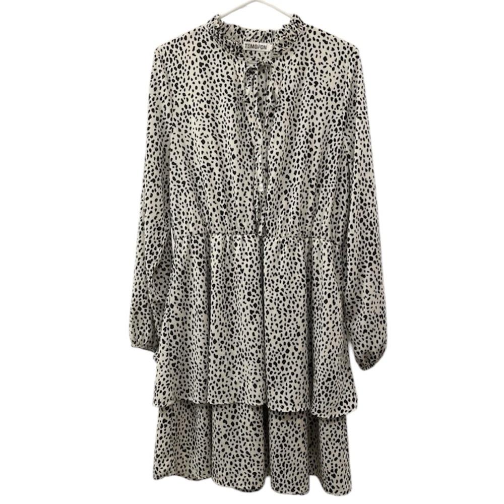 Women’s Black and White Dalmatian Animal Print Tie Neck Dress Size XL